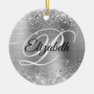 Photo Glittery Silver Foil Fancy Monogram Ceramic Ornament