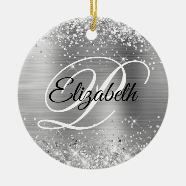 Photo Glittery Silver Foil Fancy Monogram Ceramic Ornament (Front)