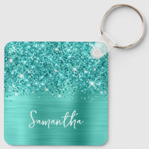 Photo Glittery Teal Turquoise Glam Script Name Keychain
