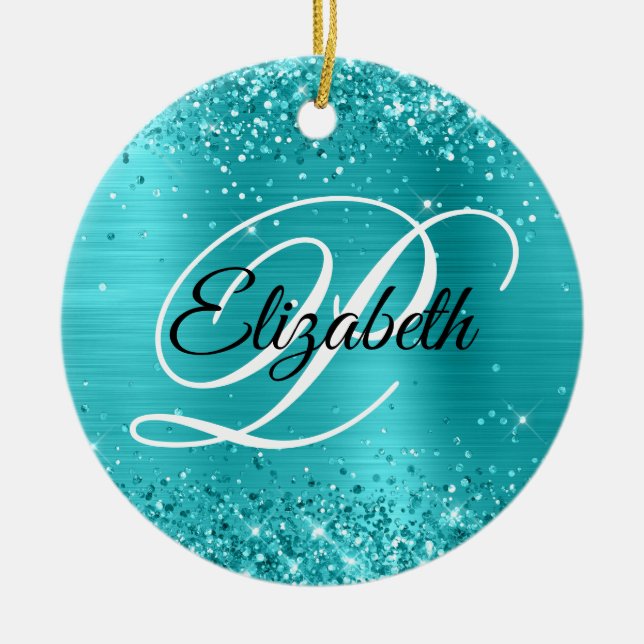 Photo Glittery Turquoise Blue Foil Fancy Monogram Ceramic Ornament (Front)