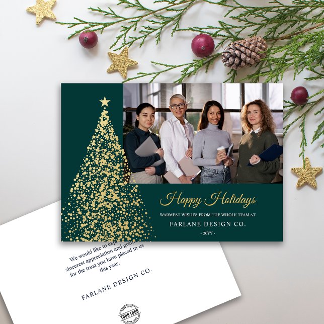 Photo Gold Christmas Tree Business Holiday Card (Custom Photo Gold Christmas Tree Business Holiday Card)