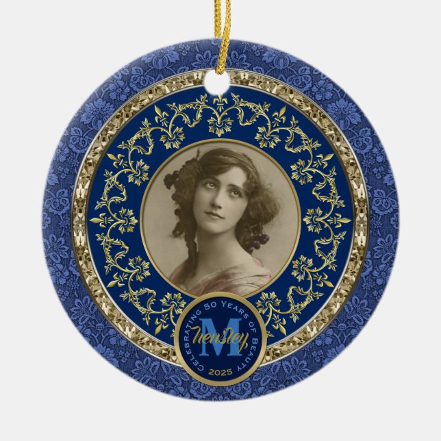 Photo Gold Classic Damask Commemorative Dark Blue Ceramic Ornament (Front)