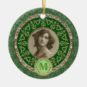 Photo Gold Classic Damask Commemorative Green Ceramic Ornament