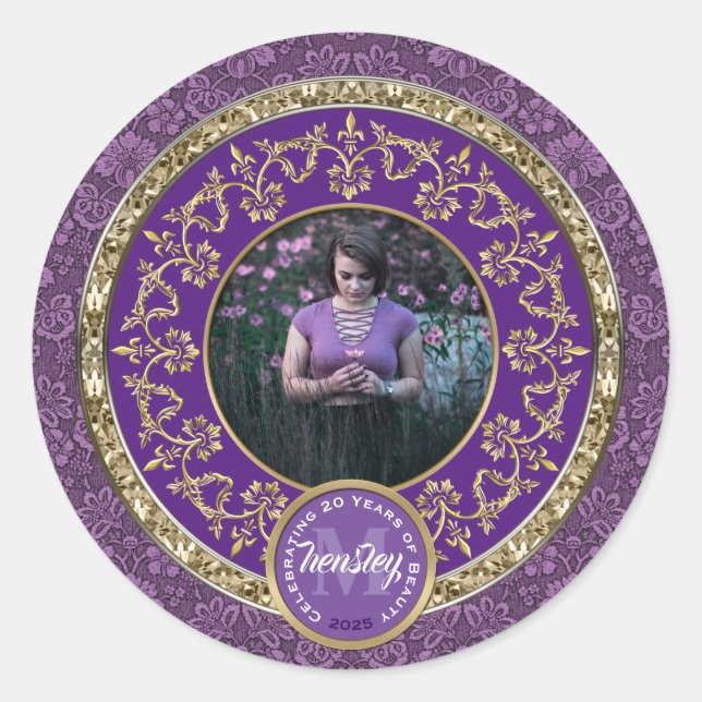 Photo Gold Classic Damask Commemorative Purple Classic Round Sticker (Front)