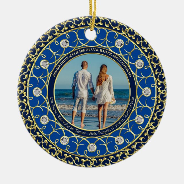 Photo Gold Commemorative Diamond Portrait Blue Ceramic Ornament (Front)