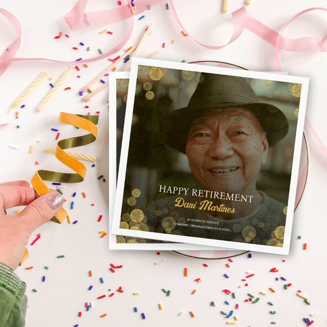 Photo Gold Confetti Happy Retirement Party Guest Napkin (Photo Gold Confetti Happy Retirement Party Guest Napkins)