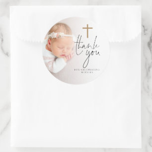 Photo Gold Faux Glitter Cross Baptism Thank You Classic Round Sticker