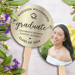 Photo Gold Foil Graduation Black Script Hearts Cap Hand Fan