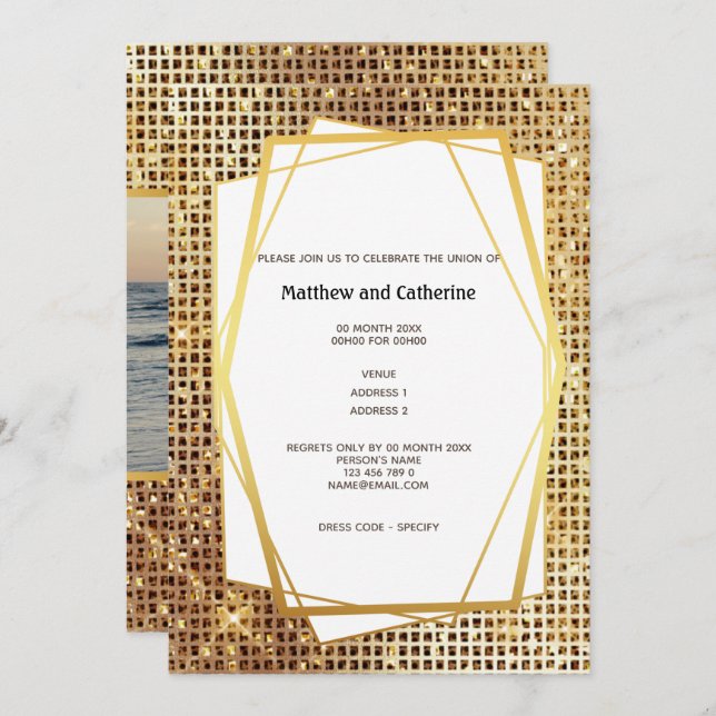 Photo gold glitter geometric frame DIY budget Invitation (Front/Back)