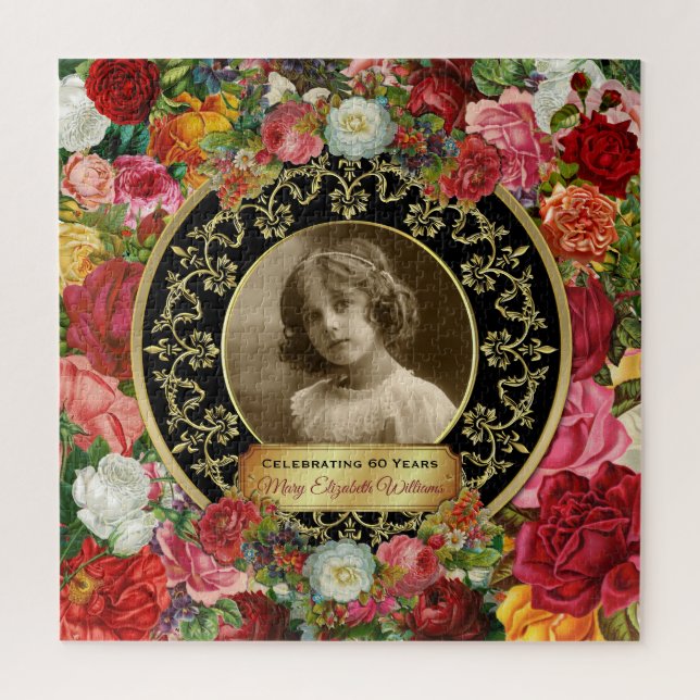 Photo Gold Gorgeous Roses Commemorative Black Onyx Jigsaw Puzzle (Vertical)