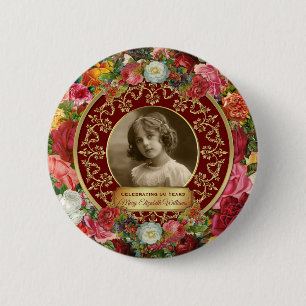 Photo Gold Gorgeous Roses Commemorative Burgundy 2 Inch Round Button