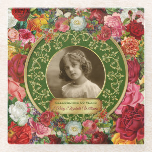 Photo Gold Gorgeous Roses Commemorative Dark Green Glass Coaster