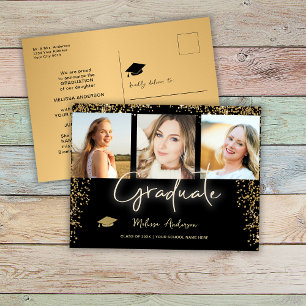 Photo Gold Graduate Navy Blue balloon Announcement Postcard