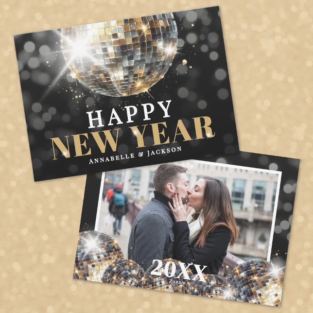 Photo Gold Happy New Year Holiday Card (Photo Black Gold Happy New Year Holiday Card
)