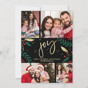 Photo Gold Joy on Black Christmas Greenery Holiday Card
