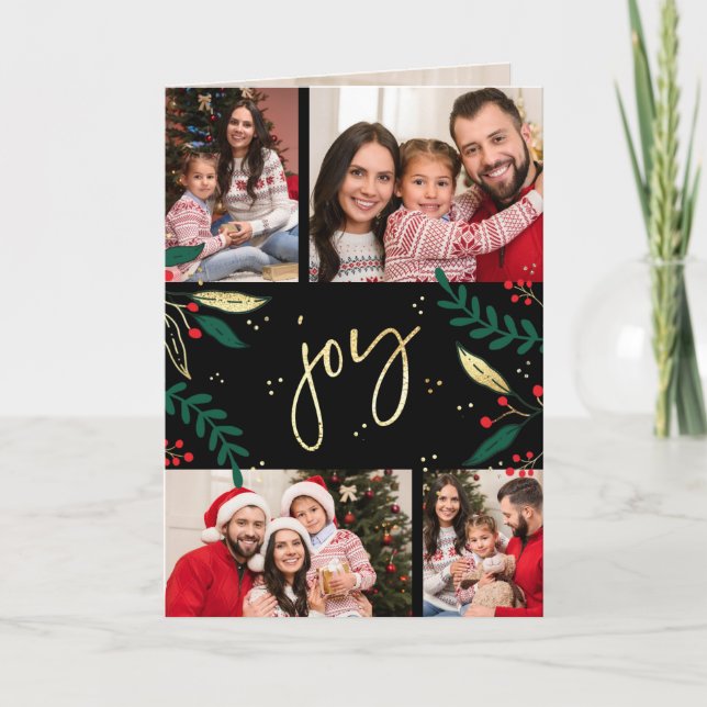 Photo Gold Joy on Black Christmas Greenery Modern Holiday Card (Front)