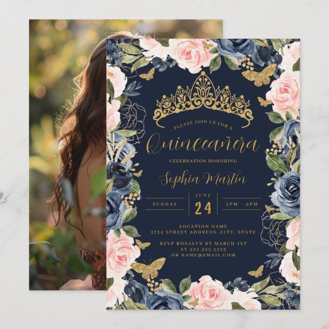 Photo Gold Navy Pink Floral Butterfly Quinceanera  Invitation (Front/Back)
