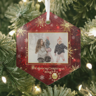 Photo Gold Red Snowflake Christmas Xmas Glass Ornament