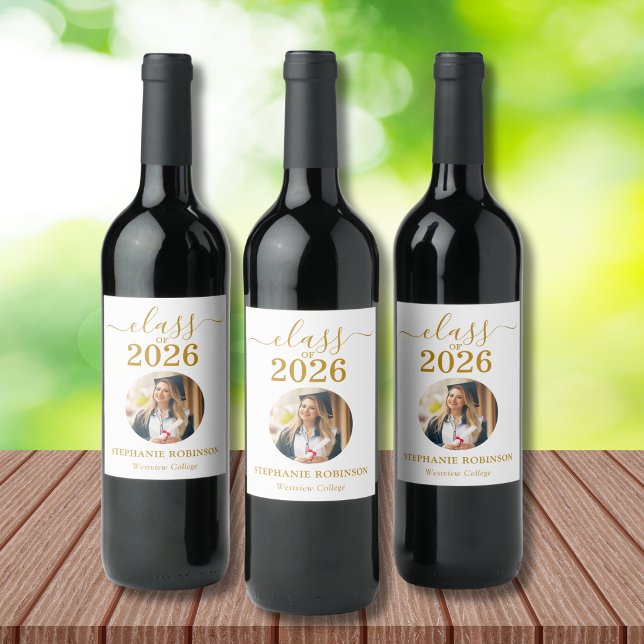 Photo Gold Script Class of 2026 Graduation Party Wine Label (Creator Uploaded)