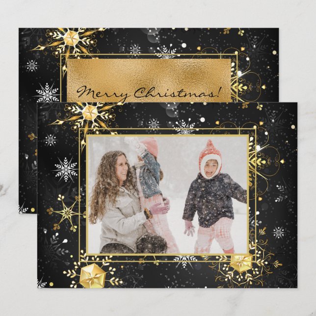 Photo Gold Snowflake Christmas Xmas Holiday Card (Front/Back)