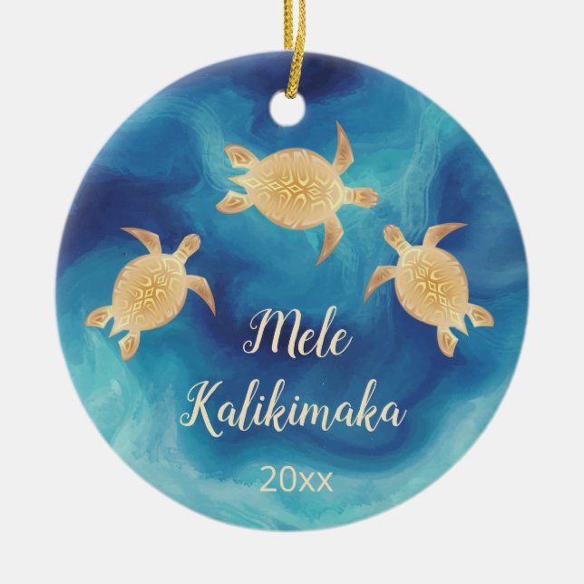 PHOTO Gold Turtles Blue | Hawaiian Christmas Ceramic Ornament (Front)