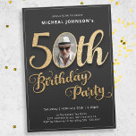 Photo Gold Typography 50th Birthday Party Invitation<br><div class="desc">Photo Gold Typography 50th Birthday Party Invitation. Introducing a captivating blend of contemporary style and timeless elegance. Against a sleek black background, shimmering gold foil accents create a striking contrast that catches the eye. Your custom photo adds a personal touch, making this invitation truly unique to celebrate your milestone birthday....</div>