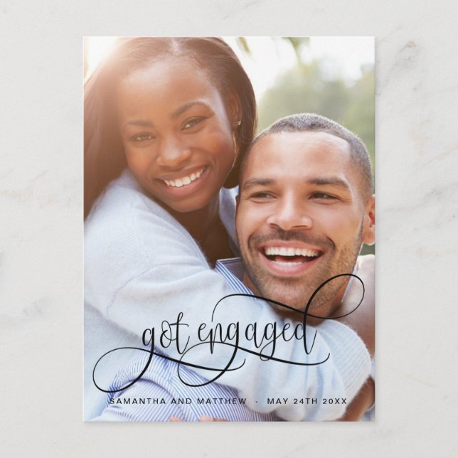 Photo Got Engaged Calligraphy in Black, Engagement Announcement Postcard (Front)