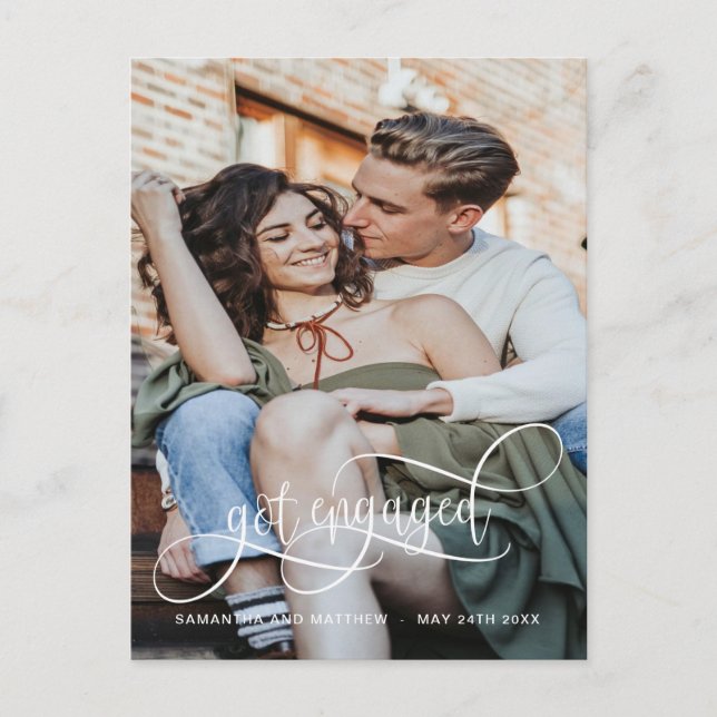 Photo, Got Engaged, White Calligraphy Engagement Announcement Postcard (Front)