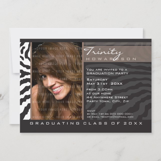 PHOTO GRAD PARTY INVITE zebra stripe (Front)