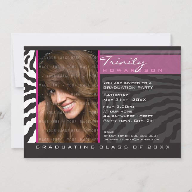 PHOTO GRAD PARTY INVITE zebra stripe black pink (Front)