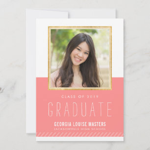 PHOTO GRADUATE minimal cute gold frame coral pink Invitation