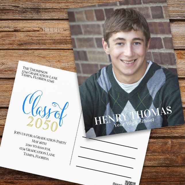 Photo Graduate Modern Simple Minimalist Gold Blue Postcard (Creator Uploaded)