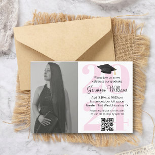 photo graduation 2024 party qr code minimal pink invitation