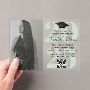 photo graduation 2025 party qr code green script acrylic invitations
