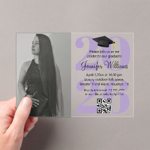 photo graduation 2026 party qr code purple script acrylic invitations
