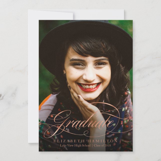 Photo Graduation Announcement Rose Gold Script (Front)