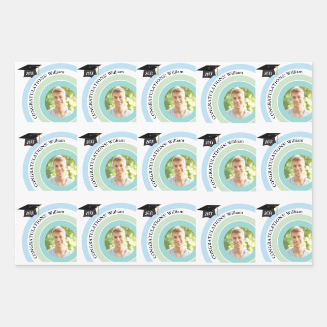 Photo Graduation Blue & Green Wrapping Paper Sheet (Front)