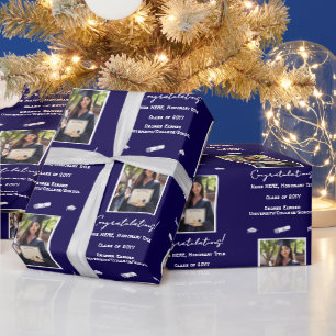 Photo Graduation Cap Diploma Congratulations, Blue Wrapping Paper