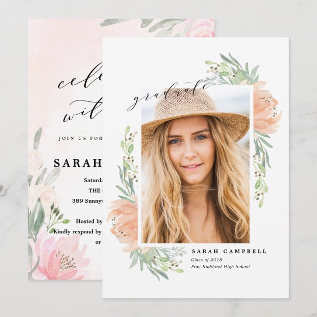 Photo Graduation Card Watercolor / Flowers (Front/Back)