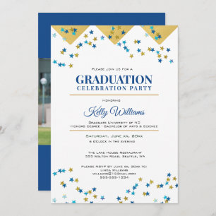 Photo Graduation Celebration Party, Gold, Blue, Invitation