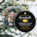 Photo Graduation Congrats Black Gold Yellow White Ceramic Ornament<br><div class="desc">Commemorate the graduate's achievement with a custom photo black and gold round graduation Christmas ornament. Picture and all text are simple to customize. Include school name and degree, congratulations, thanks mom and dad, or other message of your choice. Design features a black background, yellow gold graduation cap, personalized modern typography...</div>