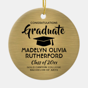 Photo Graduation Congrats Brushed Black and Gold Ceramic Ornament