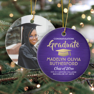 Photo Graduation Congrats Brushed Purple and Gold Ceramic Ornament