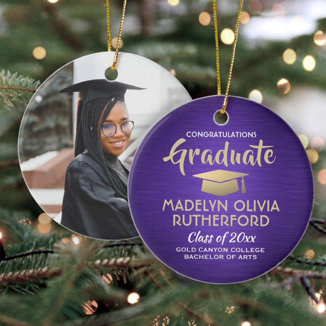 Photo Graduation Congrats Brushed Purple and Gold Ceramic Ornament (Creator Uploaded)