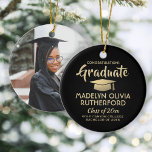 Photo Graduation Congrats Modern Black and Gold Ceramic Ornament<br><div class="desc">Commemorate the graduate's achievement with a custom photo black and gold round graduation Christmas ornament. Picture and all text are simple to customize. Include any favourite inspirational quote, motivational saying, school name and degree, congratulations, thanks mom and dad, or other message of your choice. TO CHANGE BACKGROUND OR TEXT COLORS,...</div>