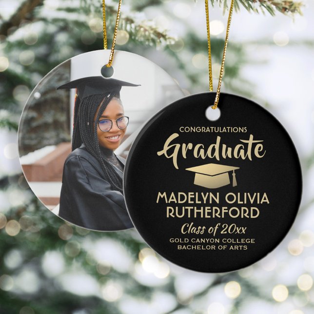 Photo Graduation Congrats Modern Black and Gold Ceramic Ornament (Creator Uploaded)