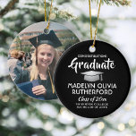 Photo Graduation Congrats Modern Black and White Ceramic Ornament<br><div class="desc">Commemorate the graduate's achievement with a custom photo black and white round graduation Christmas ornament. Picture and all text are simple to customize. Include any favourite inspirational quote, motivational saying, school name and degree, congratulations, thanks mom and dad, or other message of your choice. TO CHANGE BACKGROUND OR TEXT COLORS,...</div>