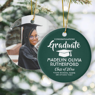 Photo Graduation Congrats Modern Green and White Ceramic Ornament