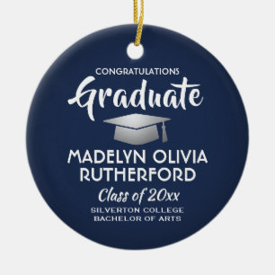 Photo Graduation Congrats Modern Navy Blue & White Ceramic Ornament