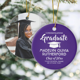 Photo Graduation Congrats Modern Purple and White Ceramic Ornament